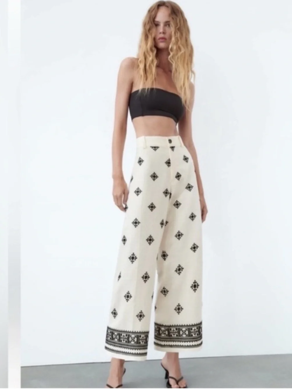 ZARA LINEN BLEND EMBROIDERED PANTS Ivory/ Black Size Large